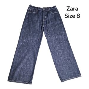 Zara Dark Denim Elastic Waist Wide Leg Jeans Size 8